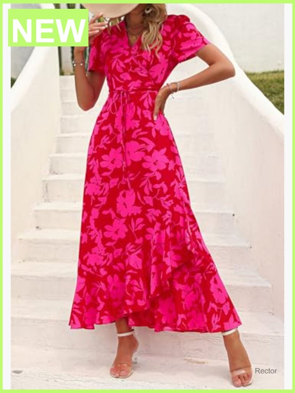 Boho Floral Maxi Dress Short Sleeve Wrap V Neck Long Flowy Beach Vacation - Picture 2 of 7
